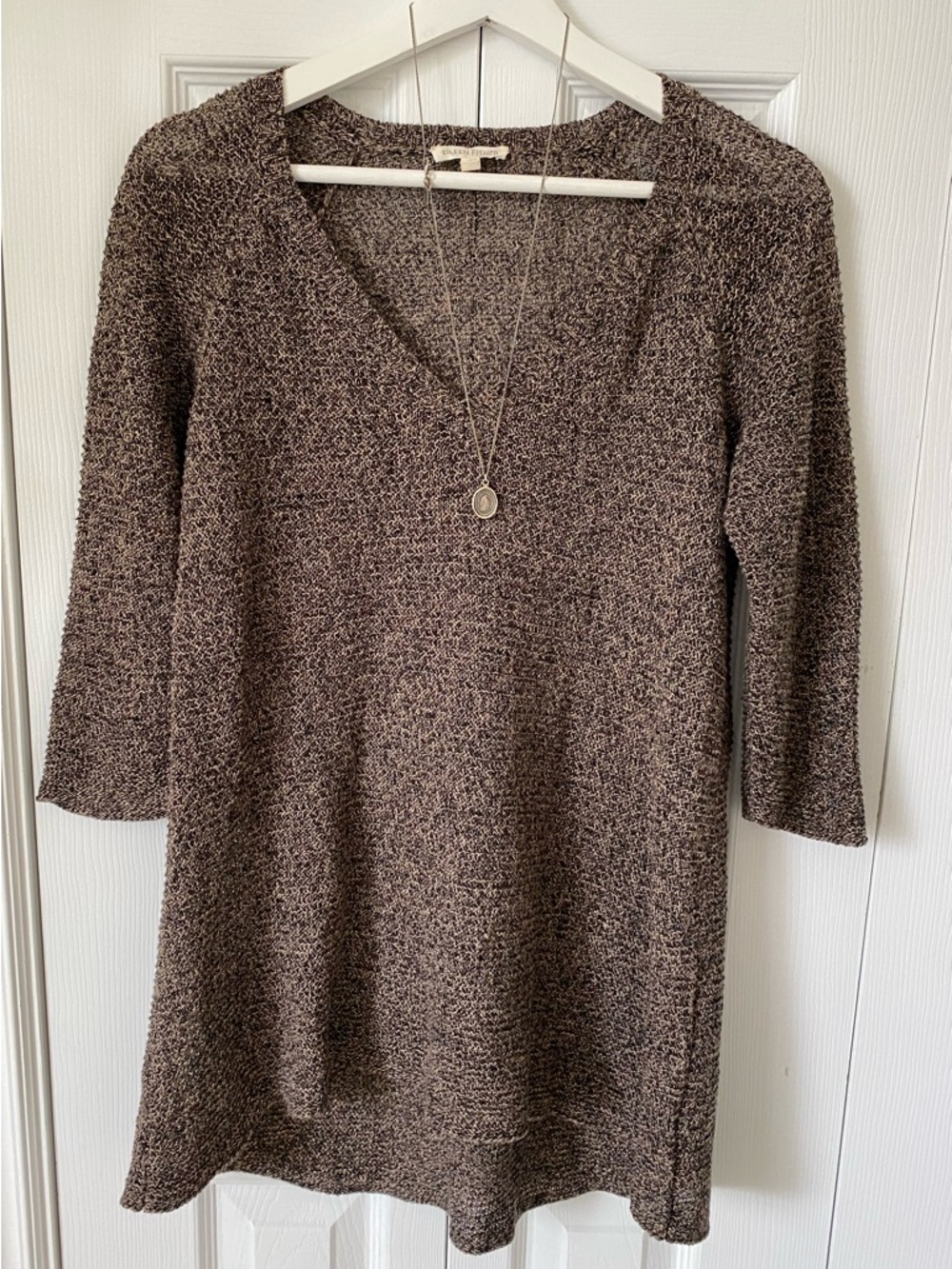 Eileen Fisher 100% Linen Textured V-Neck loose knit tunic 3/4 sleeve Size Small